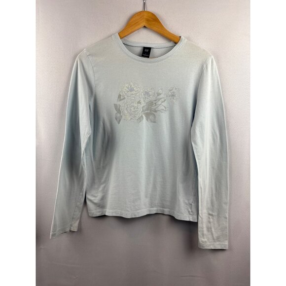 Women’s Large GAP Light Blue Long Sleeve Shirt with White Rose Design - Picture 1 of 5